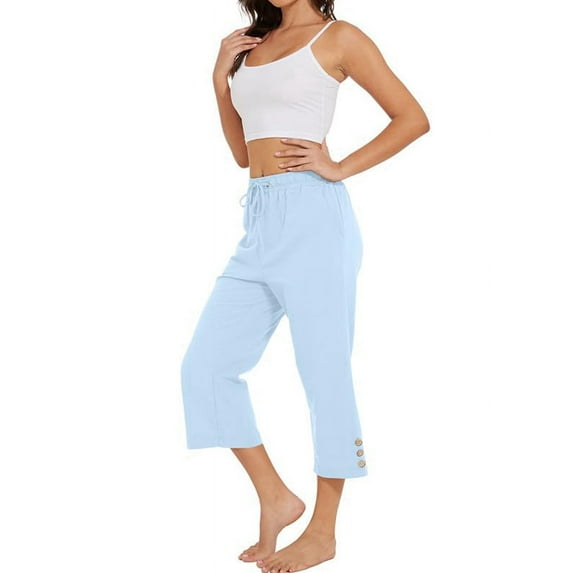 Women Capris Pants High Waist Drawstring Comfy Pants Casua Loose Trousers Buttons Trim with Pockets Light Blue XXL