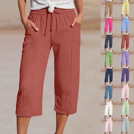 Women Capris Pants Linen Pants with Pocket for Summer Casual Loose Fit Lightweight Drawstring Straight Leg Capris (Red XL)