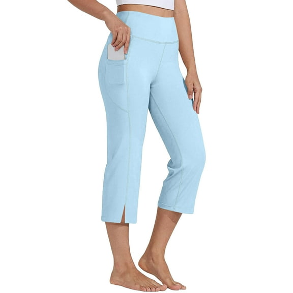 Women Capris for Summer New Capris Yoga Pants for Women Dressy Casual Soft High Waisted Tummy Suits Wide Leggings Workout with Pockets Light Blue L