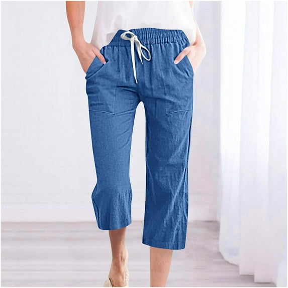 Women Capris Summer Casual High Waist Linen Pants Straight Wide Leg Cropped Trousers