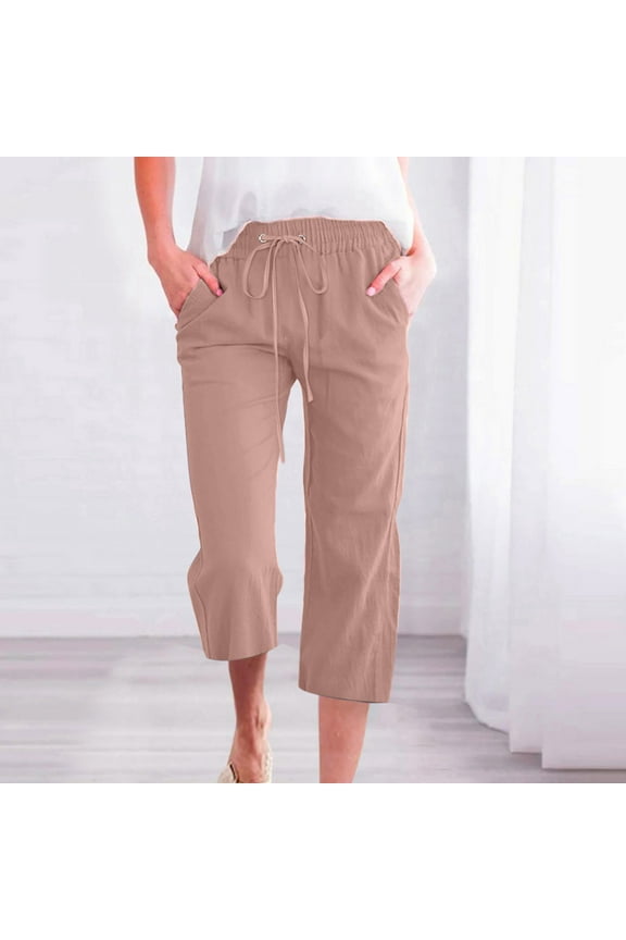 Women Capris Summer Casual High Waist Linen Pants Straight Wide Leg Cropped Trousers