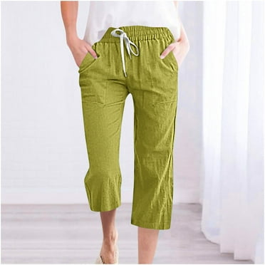 Women Capris Summer Clearance Casual High Waist Linen Pants Straight Wide Leg Cropped Trousers