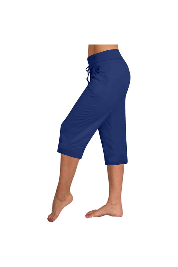 Women Capris for Summer Women's Yoga Pants Loose Soft Drawstring Workout Sweatpants Outdoor Athletic Causal Pants With Pockets Dark Blue 2XL