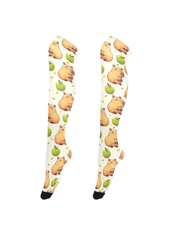 Women Capybara Green Apples Pattern Over Knee Thigh High Socks