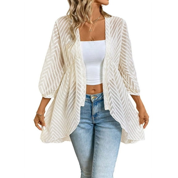 Women Cardigan 3/4 Sleeves Open Front Light-Weight Cardigan Draped Ruffle Knit Cardigan L