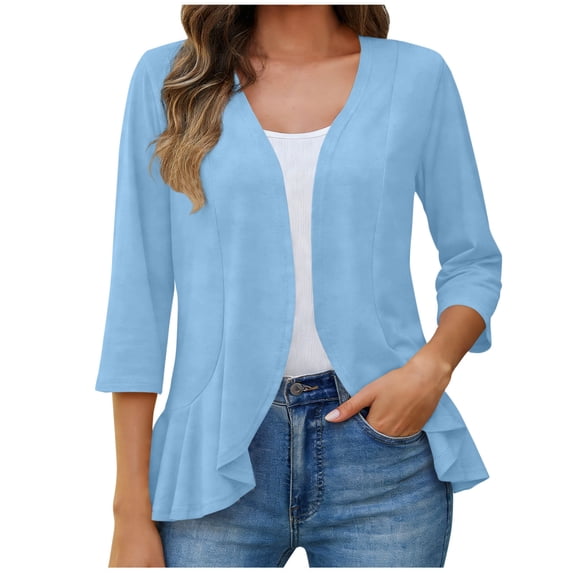 Women Cardigan 3/4 Sleeves Open Front Lightweight Cardigan Draped Ruffles Trendy Cardigan Light Blue M(M)