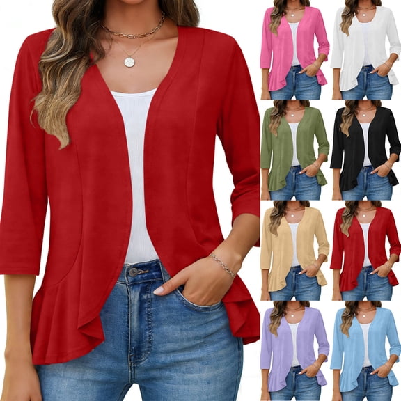 Women Cardigan 3/4 Sleeves Open Front Lightweight Cardigan Draped Ruffles Trendy Cardigan White XL(XL)