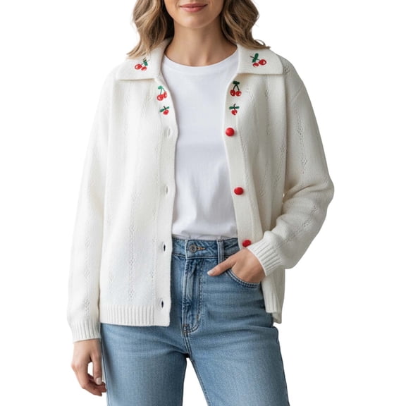 Women Cardigan Casual Loose Fit Embroidered Cherry Sweater Long Sleeve Versatile Top Knitwear Outerwear Coats