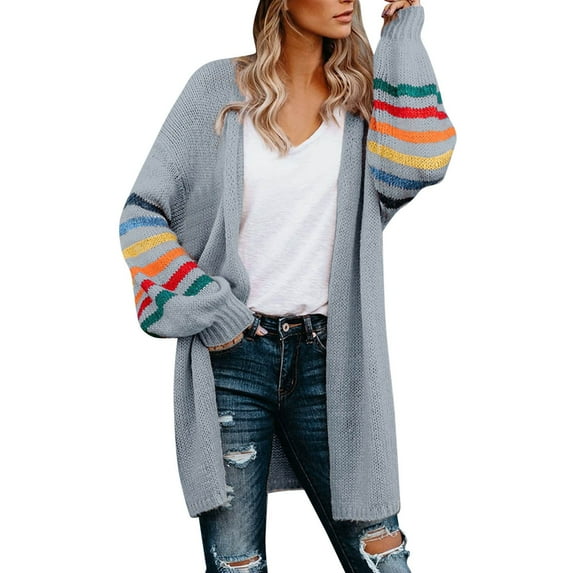 Women Cardigan Casual Over Plus Size Warm Rainbow Stripe Print Long Sleeve Open Front Winter Fashion Sweater Tops Fall Shrug