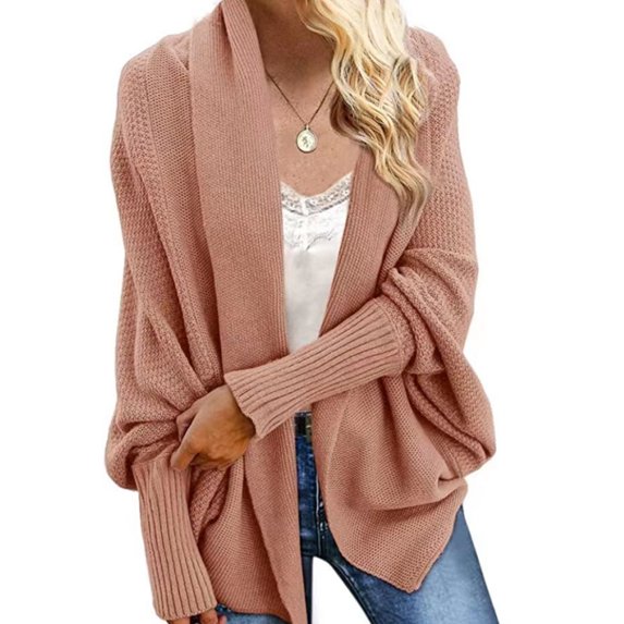 Women Cardigan Coat Collarless Batwing Long Sleeve Open Front Knitting Coat Elastic Cuffs Solid Color Loose Fit Knitted Cardigan