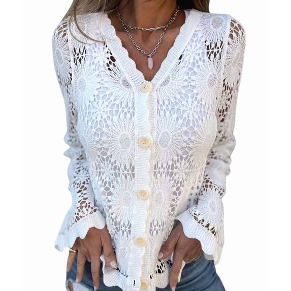 Women Cardigan Crochet Sweater Hollow Out Button Front V Neck Long Sleeve Knit Crop Sweater Top White M