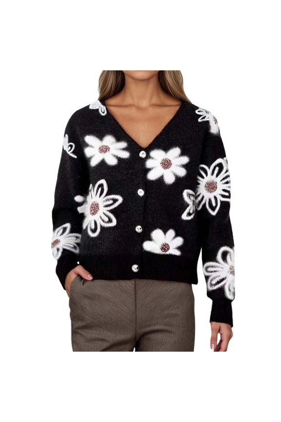 Women Cardigan Floral Pattern V Neck Short Knit Button Up Sweater Soft Cozy Top Light Weight Cardigan