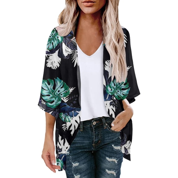 Women Cardigan Green,Chiffon Cardigans for Woman 2023 Open Front Summer,Women's Floral Print Puff Sleeve Kimono Cardigan Loose Cover Up Casual Blouse Tops