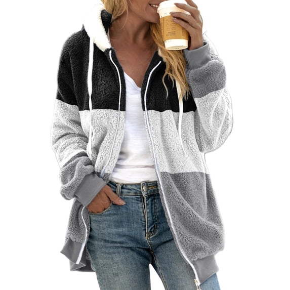 Women Cardigan Jacket Women Winter Coat Color Matching Hooded Thick Plush Jacket Long Sleeve Drawstring Elastic Cuffs Hem Weather Outerwear Hooded