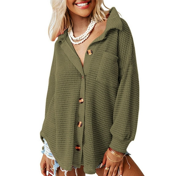 Women Cardigan Pure Colour Long Sleeve Button Down Knitwear Sweater with Pocket for Home Green S