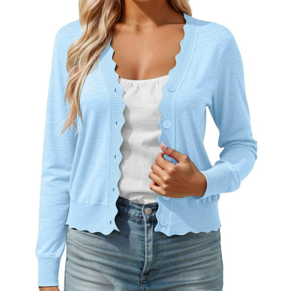 Women Cardigan Ruffle Hem Button V Neck Long Sleeve Knitted Cropped Outfits Clothes