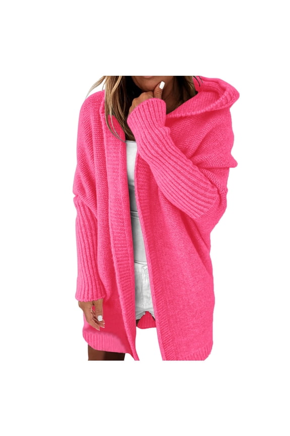 Women Cardigan Solid Color Hooded PatchBatwing Sleeve Open Sweater Knitted Light Weight Cardigan