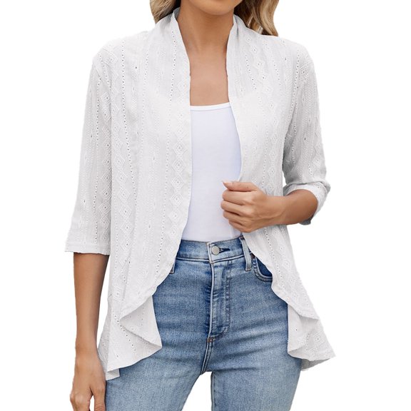 Women Cardigan Solid Color With Cropped Sleeves And Ruffled Tops Outfits Clothes