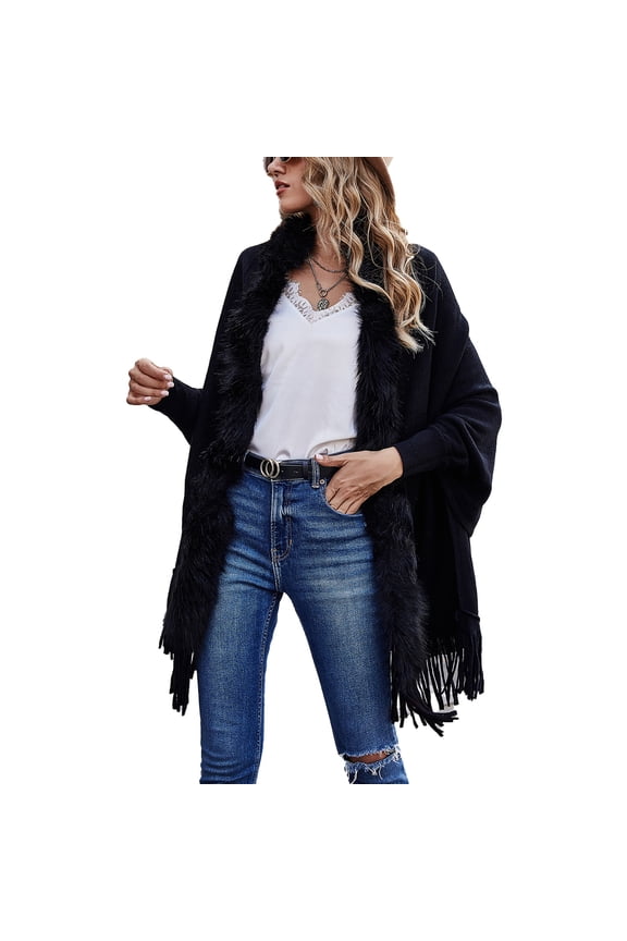 Women Cardigan Sweater Faux Fur Collar Decor Hem Tassel Long Sleeves Casual Sweater Wraps Black S