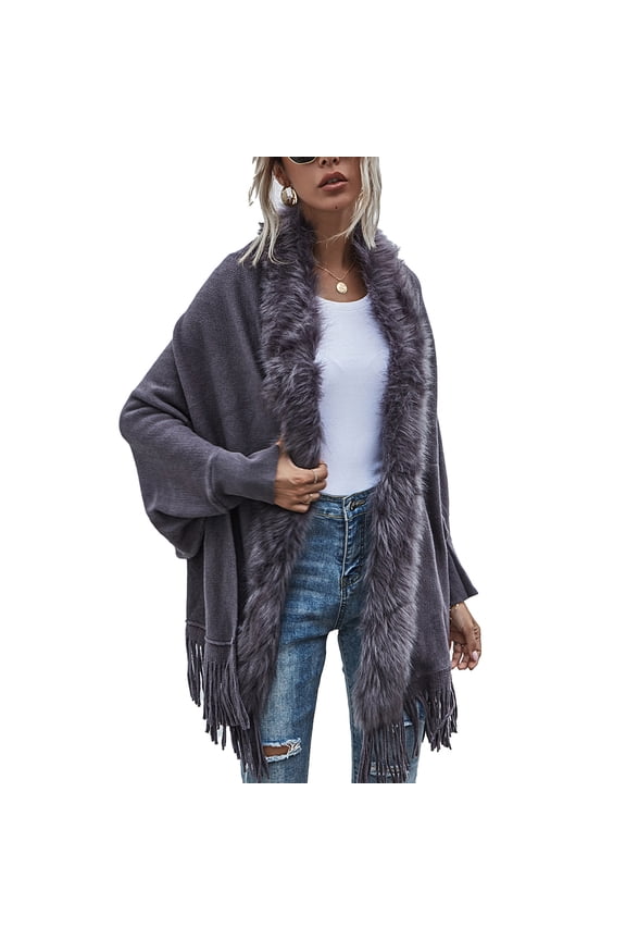 Women Cardigan Sweater Faux Fur Collar Decor Hem Tassel Long Sleeves Casual Sweater Wraps Grey L