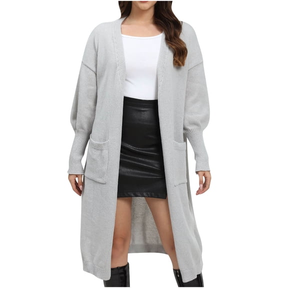 Women Cardigan Sweater Long Loose and Lazy Style Sweater With Double Pockets And Lantern Sleeves Cardigan Sweater