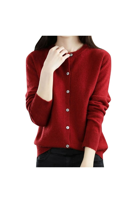 Women Cardigan Sweater Long Sleeve Knit Crew Neck Button Down Light Sweaters for Women Open Front Layering Top Winter Essentials