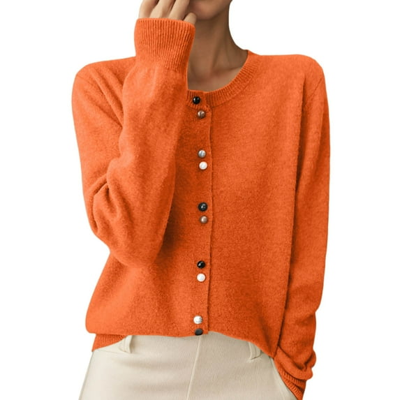 Women Cardigan Sweater Long Sleeve Knit Crew Neck Button Up Cardigans for Women Open Front Orange Layering Top Fall Outfits for Women