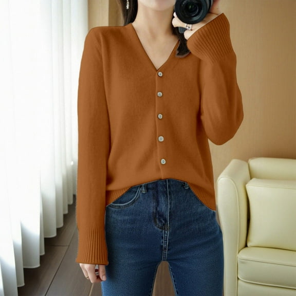 Women Cardigan Sweater Long Sleeve Knit V-Neck Button Down Womens Cardigan Open Front Khaki Cardigan Winter Clothing for Women