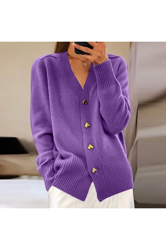 Women Cardigan Sweater Long Sleeve Knit V-Neck Button Up Cardigan for Women Open Front Purple Sweaters Winter Essentials