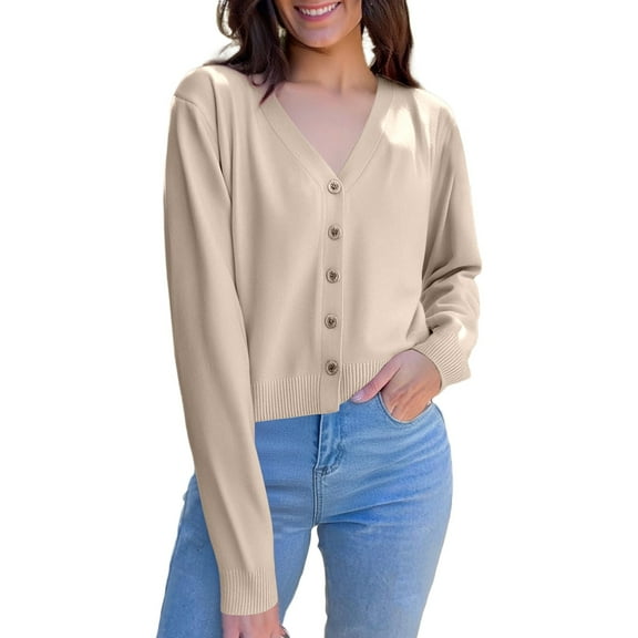 Women Cardigan Sweater Long Sleeve Knit V-Neck Button Up Sweaters for Women Open Front Beige Sweaters Womens Fall Clothes