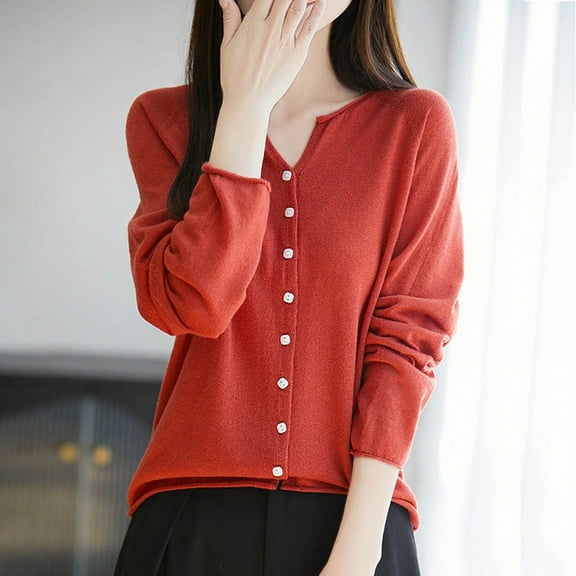 Women Cardigan Sweater Long Sleeve Knit V-Neck Button Up Sweaters for Women Open Front Red Layering Top Fashion Clothing