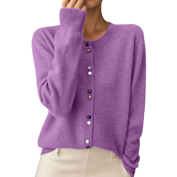 Women Cardigan Sweater Long Sleeve Round Neck Knitted Button Up Fall Sweaters Open Front Purple Layering Top Women's Clothing
