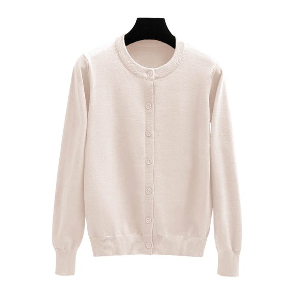 Women Cardigan Sweater Long Sleeve Round Neck Knitted Button Up Lightweight Cardigans for Women Open Front Beige Layering Top Womens Fashion