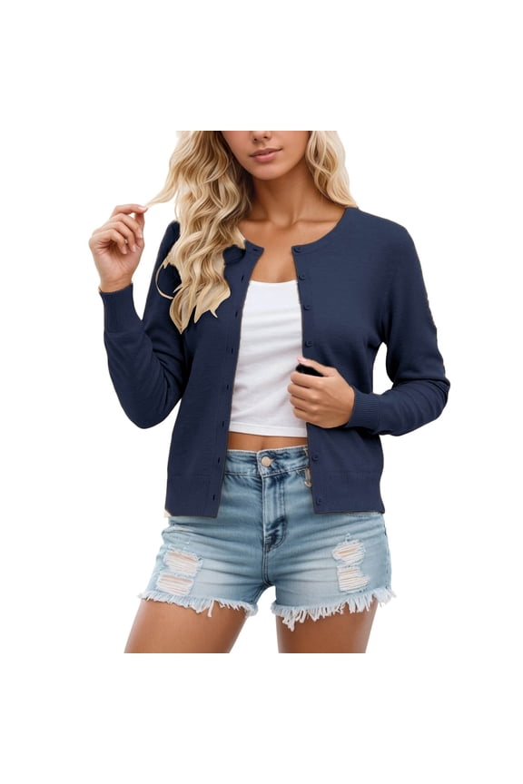 Women Cardigan Sweater Long Sleeve Round Neck Knitted Button Up Womens Cardigan Open Front Navy Layering Top Ladies Clothes