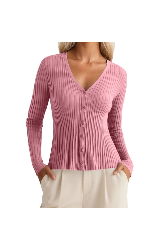 Ladies Cardigan Sweaters Long Sleeve V Neck Knitted Button Down Womens Sweater Open Front Pink Layering Top Fashion Clothing