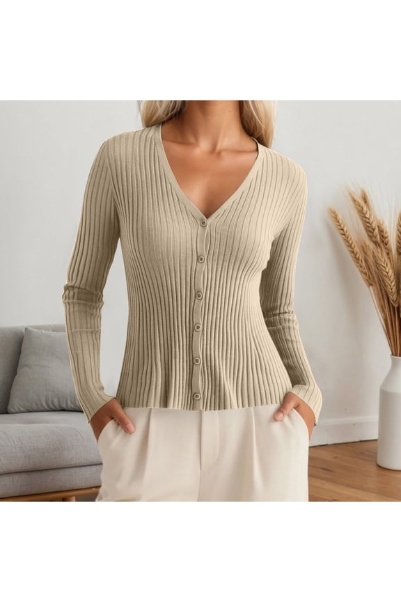 Women Cardigan Sweater Long Sleeve V Neck Knitted Button Up Lightweight Sweaters for Women Open Front Beige Layering Top Fashion Clothing