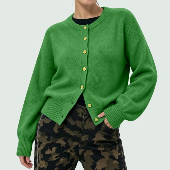 Women Cardigan Sweaters Long Lantern Sleeve Gold Button Front Loose Fit Soft Fuzzy Knitted Jacket Casual Cropped Outerwear
