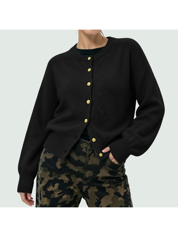 Women Cardigan Sweaters Long Lantern Sleeve Gold Button Front Loose Fit Soft Fuzzy Knitted Jacket Casual Cropped Outerwear