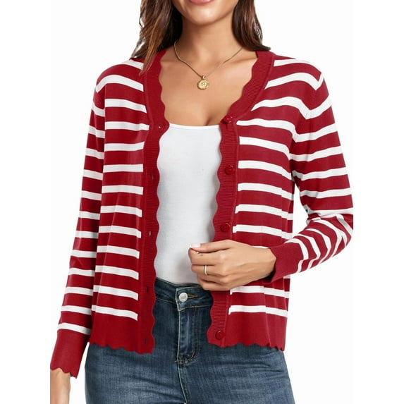 Women Cardigan Sweaters Long Sleeve Casual Light-Weight Button Down V-Neck Fall Sweater Red Stripes L