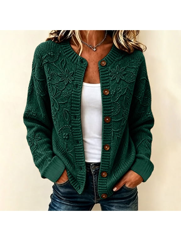 Women Cardigans Casual Floral Jacquard Button Down Long Sleeve Knit Sweater Loose Fit Comfy Oversized Clothes