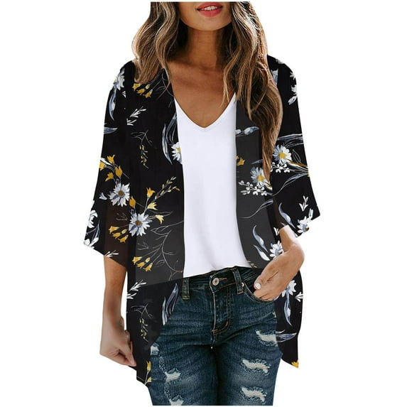 Women Cardigans Casual Spring Summer Tops Cover up Open Front Floral Print Blouse Tops Daily Wear