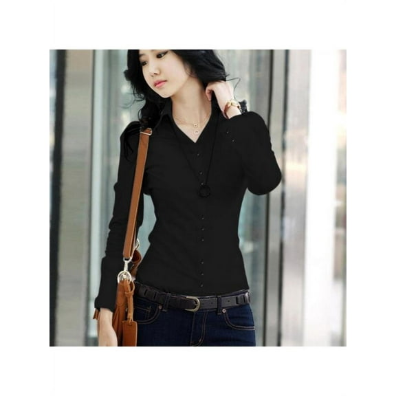 Women Career Black Shirt Casual Long-sleeved Slim Blouses Overalls Office OL Top