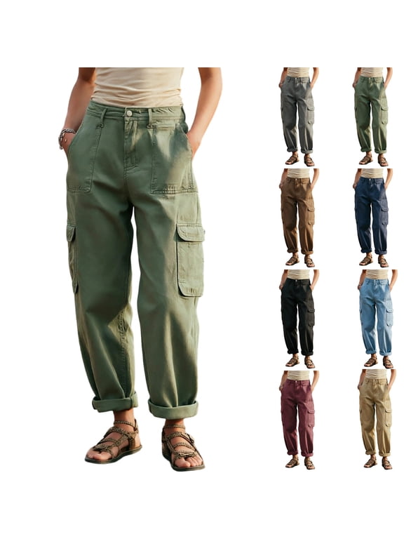 Women Cargo Barrel Pants High Waisted Button Fly Rolled Hem Trouser Teen Fall Casual Baggy Going Out Pocket Pant