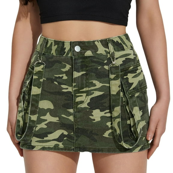 Women Cargo Camo Skirt Mini Y2K Flap Pockets Distressed Denim Skirts Slim Fit Jean Skirt Camouflage L