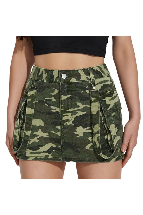 Women Cargo Camo Skirt Mini Y2K Flap Pockets Distressed Denim Skirts Slim Fit Jean Skirt Camouflage L