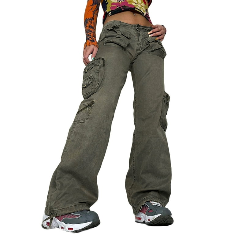 Women Cargo Denim Pants Baggy Jeans With Pocket Low Waist Straight Leg Trousers  Y2K Streetwear 