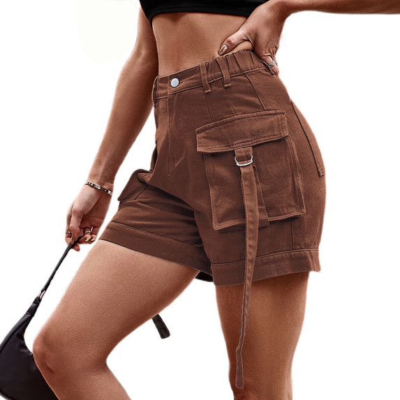Women Cargo Denim Shorts - Summer Casual Vintage Loose Button Zipper Shorts Brown L