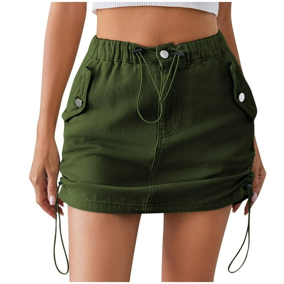 Women Cargo Jean Skirt Elastic High Waisted Skirts Trendy Drawstring Button Down Dress
