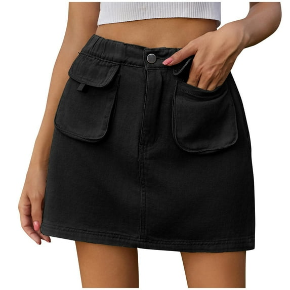 Women Cargo Jean Skirt Elastic High Waisted Skirts Trendy Drawstring Button Down Dress
