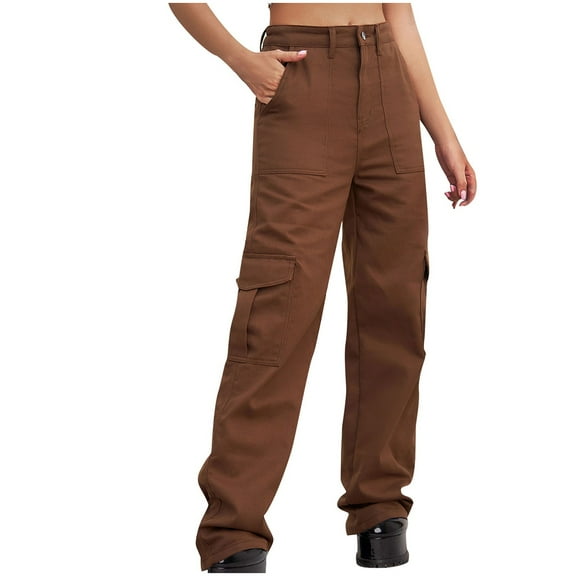 Women Cargo Jeans High Waist Y2K Straight Leg Trendy Stretchy Lightweight Jeans for Women Brown L